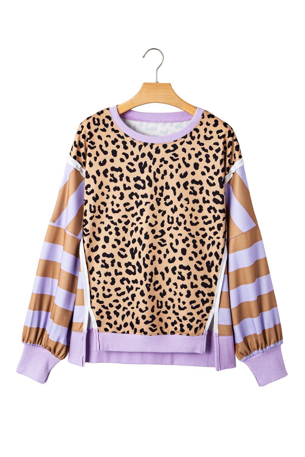 Khaki Stripe Color Block Patchwork Leopard Casual Sweatshirt with Slits