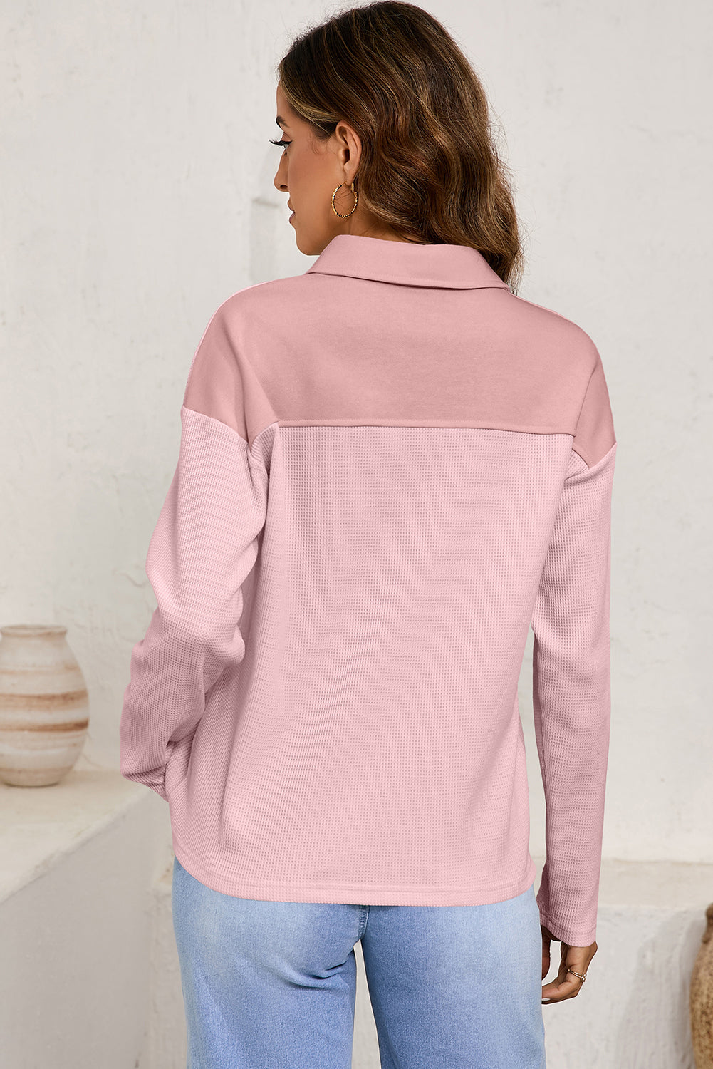 Red Dahlia Solid Color Long Sleeve Thermal Knit Polo Collar Patchwork Top