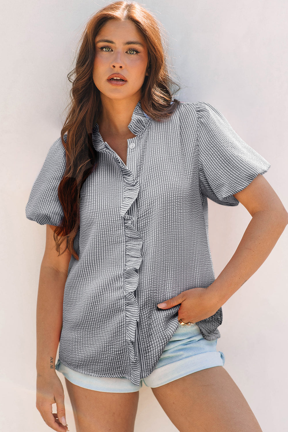White Striped Ruffle Short Bubble Sleeve Shirt