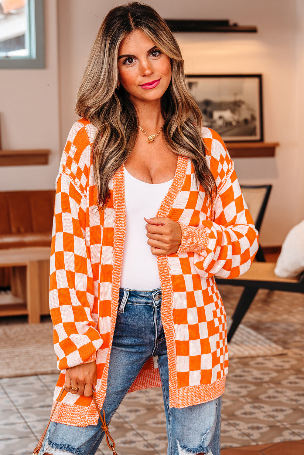 Brown Checkered Open Front Drop Shoulder Cardigan