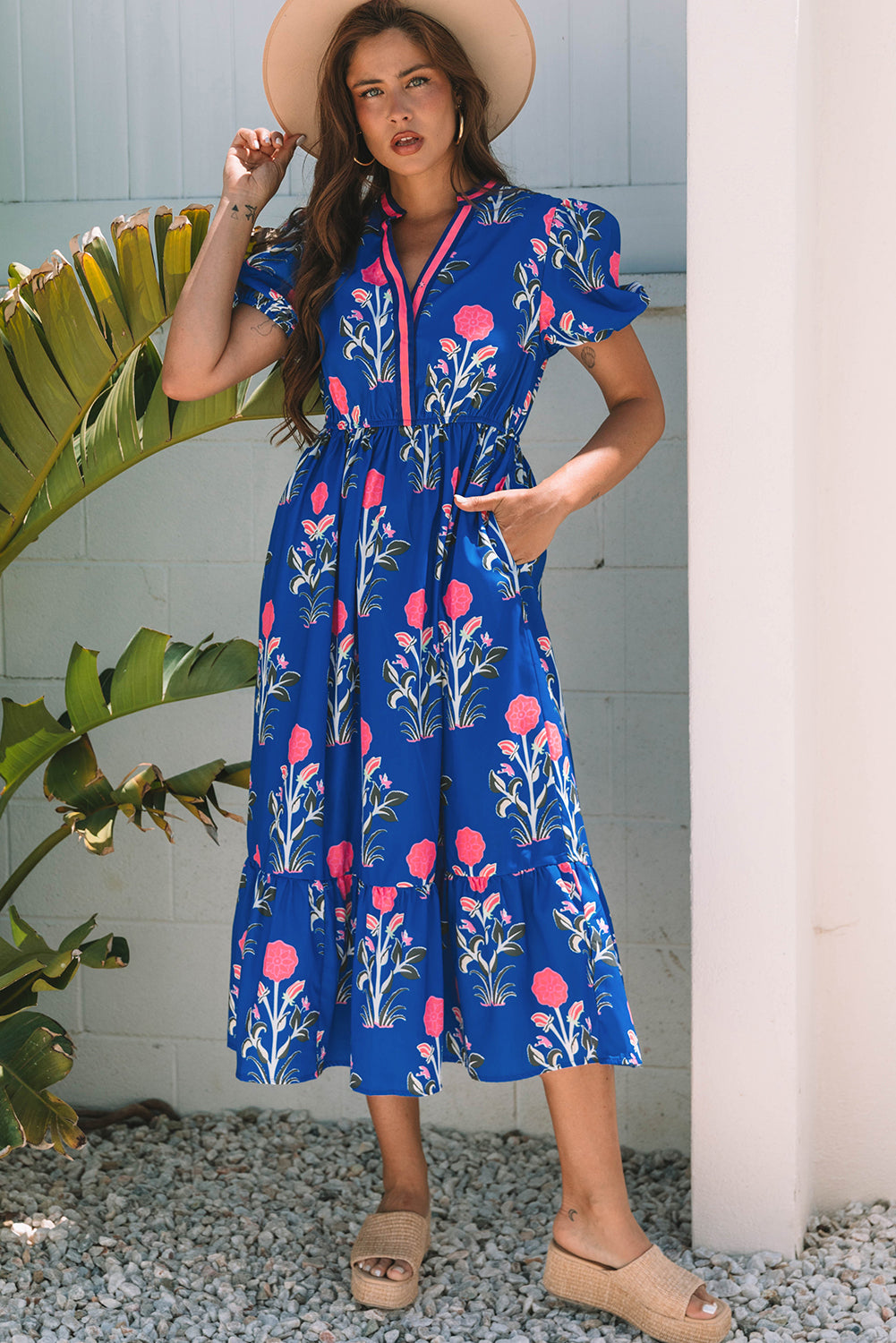 White Floral Puff Short Sleeve V Neck High Waist Maxi Dress