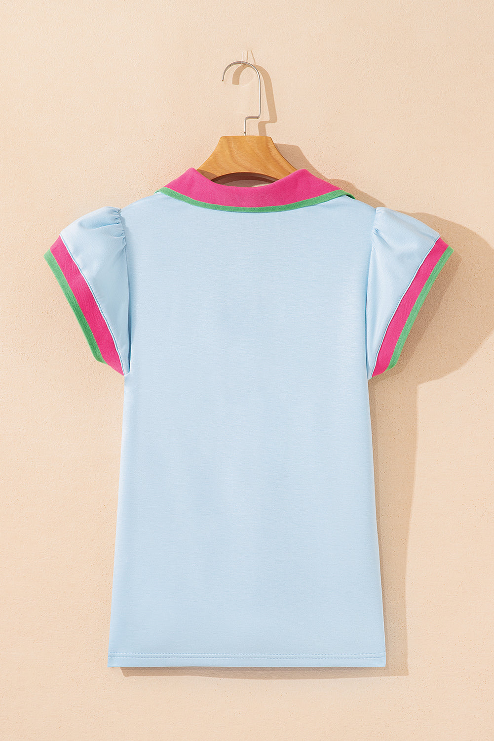 White Color Contrast Ruffled Sleeve Collared V Neck Blouse