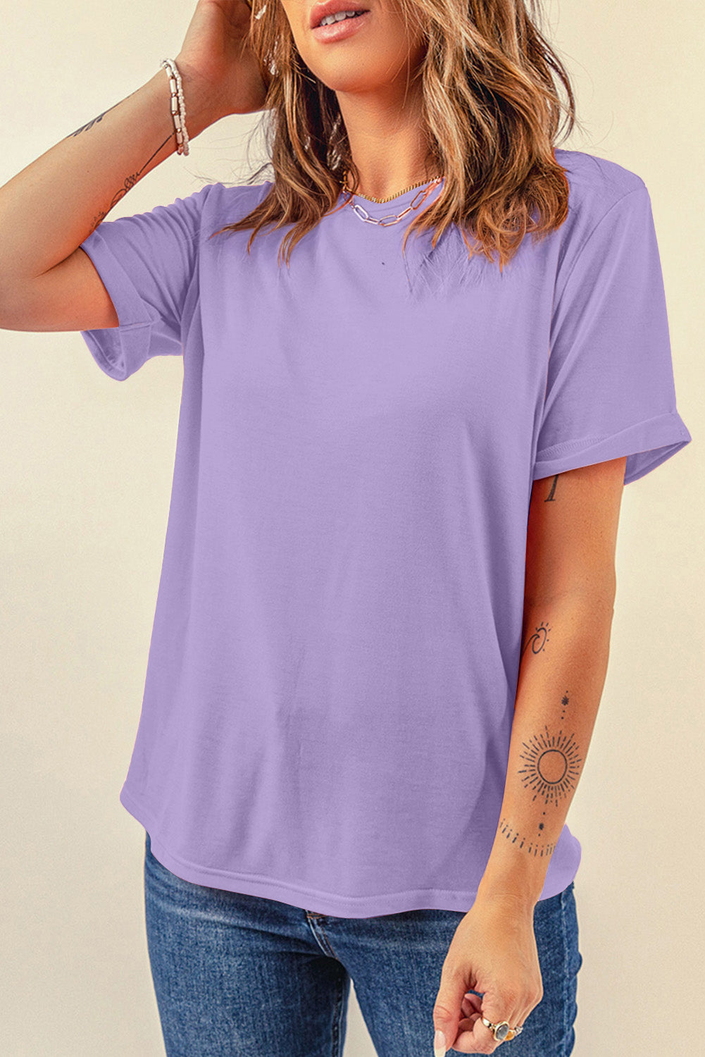 Light Blue Bright Casual Plain Crew Neck Tee