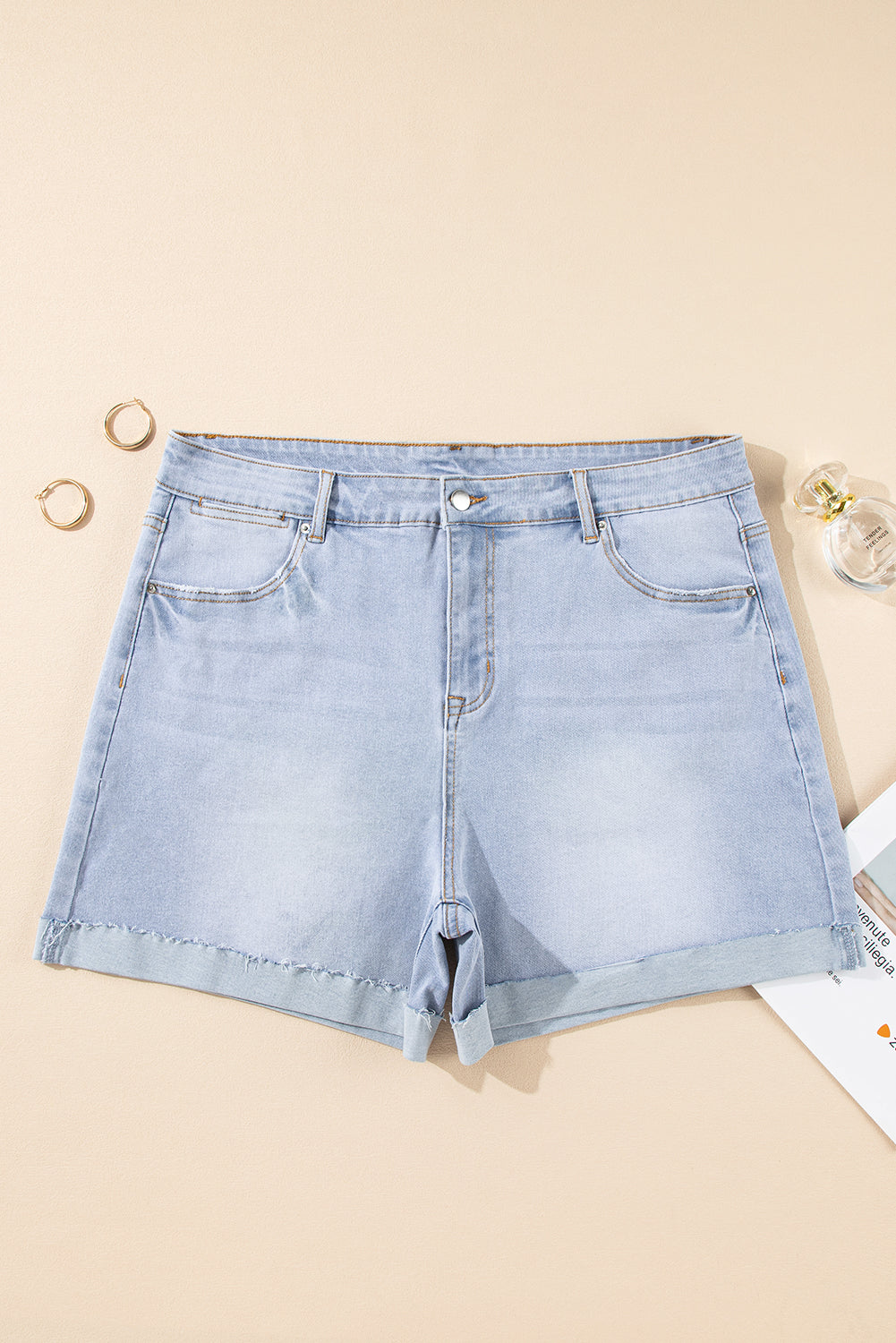 Sail Blue Folded Edge High Waist Plus Size Denim Shorts