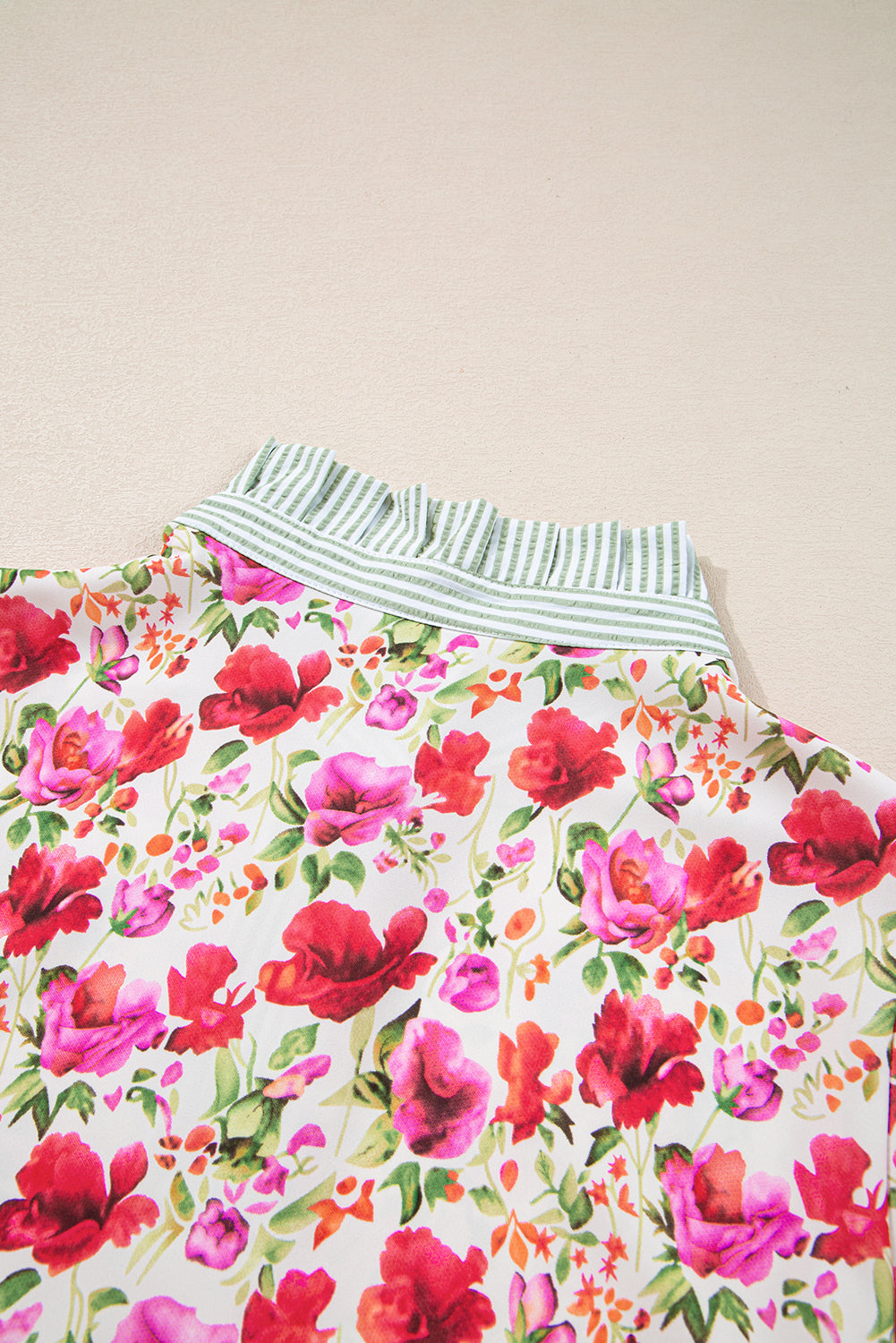 Sky Blue Floral Print Striped Patchwork Collared Short Sleeve Blouse