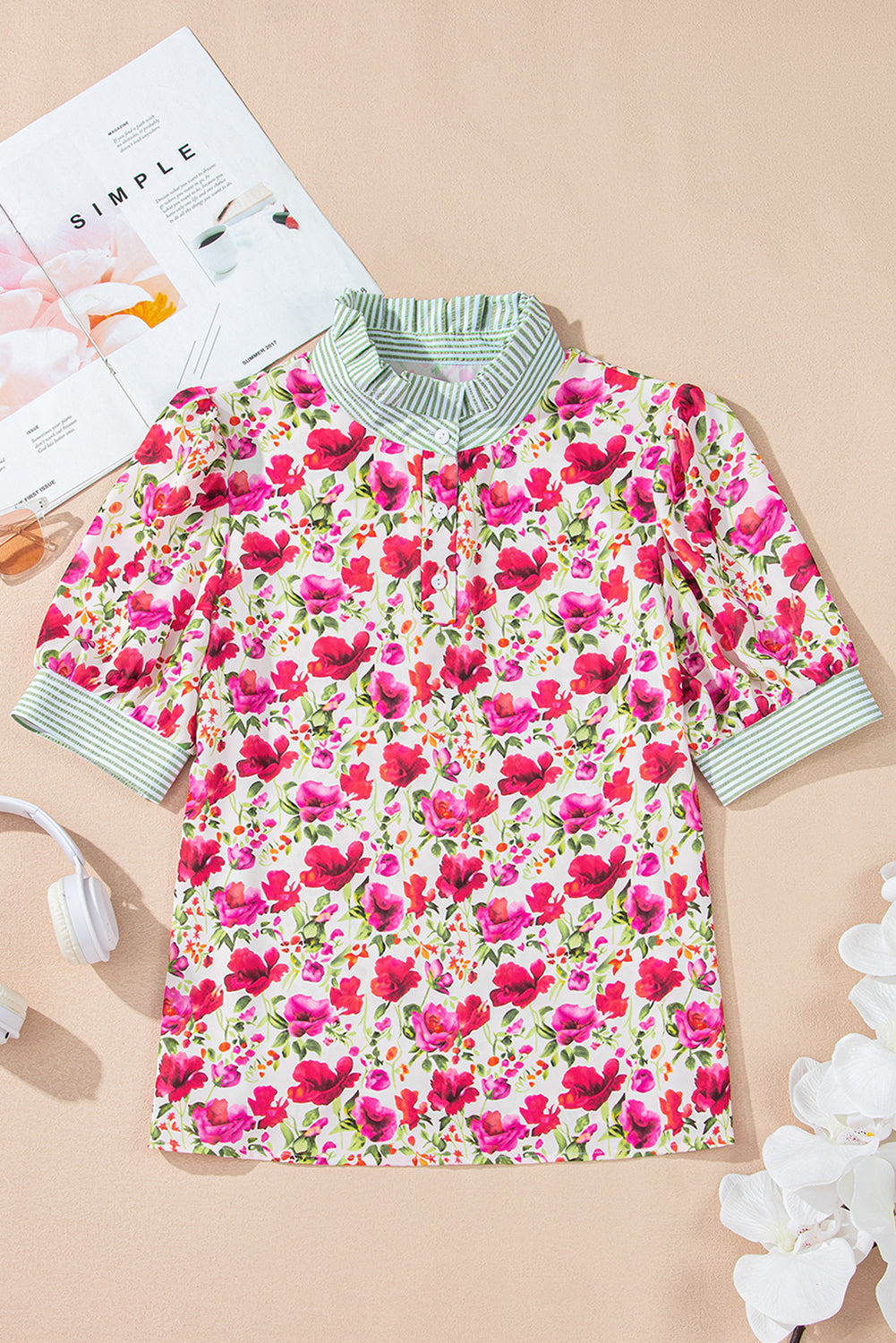 Sky Blue Floral Print Striped Patchwork Collared Short Sleeve Blouse