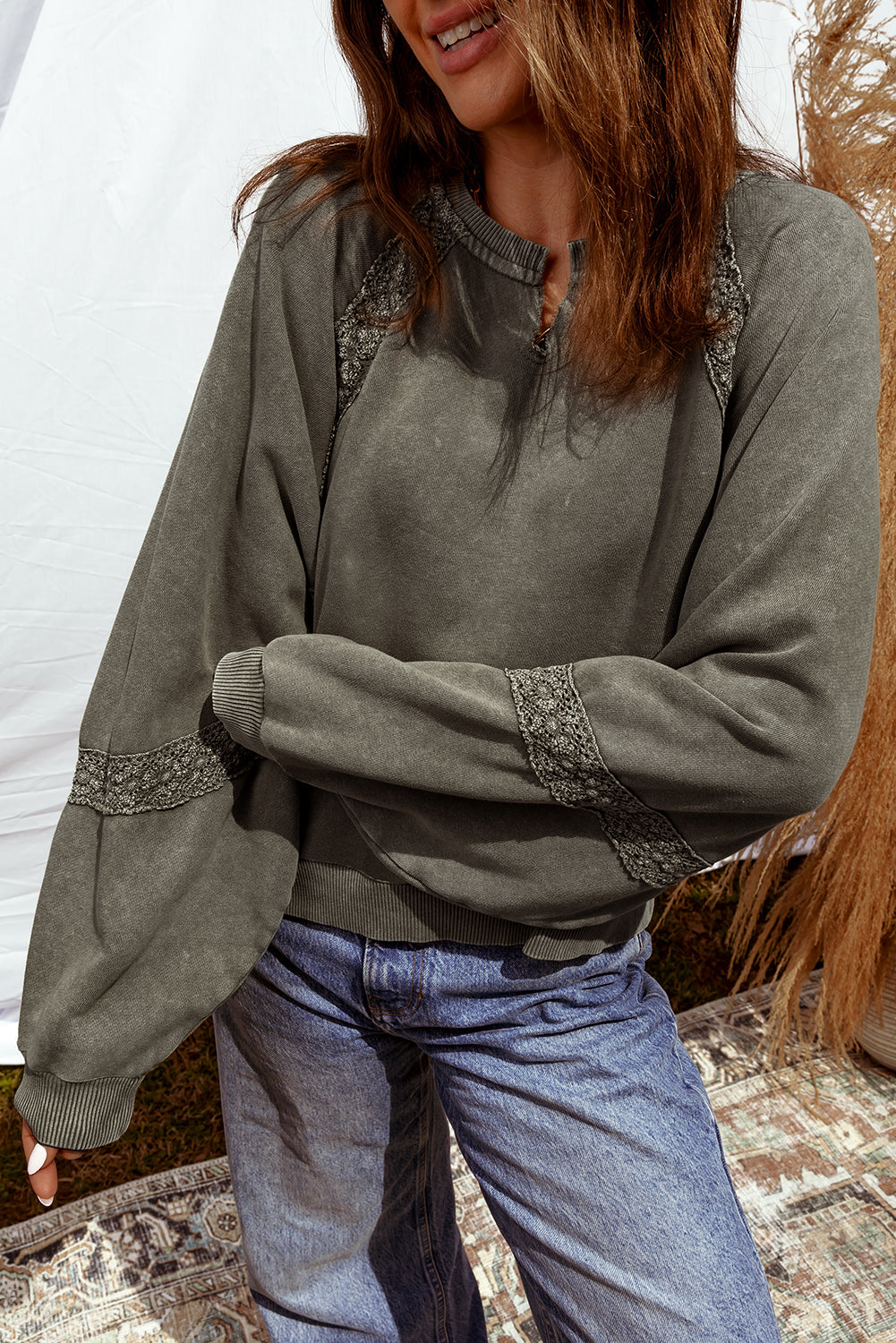 Rose Red Lace Patchwork Detail Notched Neck Mineral Wash Baggy Sweatshirt