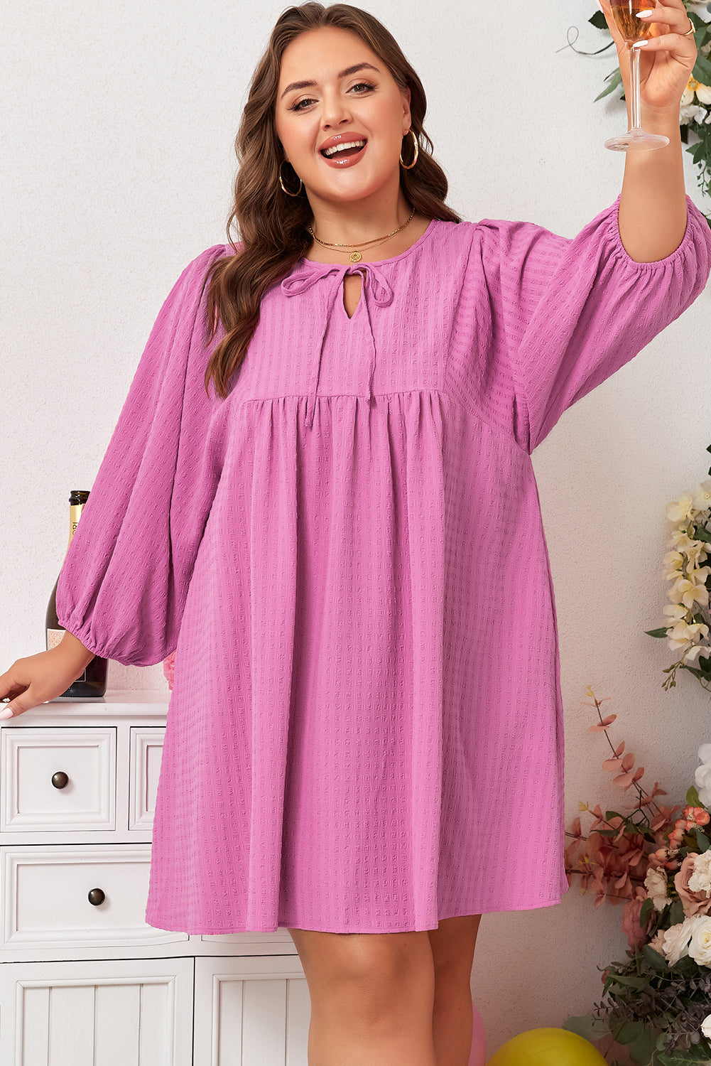 Sachet Pink Plus Size Textured Tie Split Neck Puff Sleeve Flowy Mini Dress