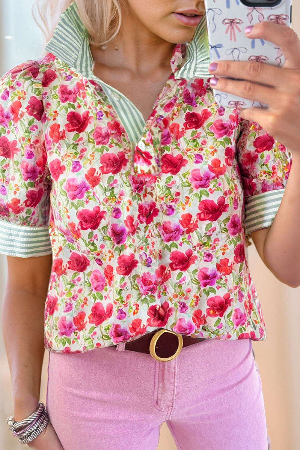 Sky Blue Floral Print Striped Patchwork Collared Short Sleeve Blouse