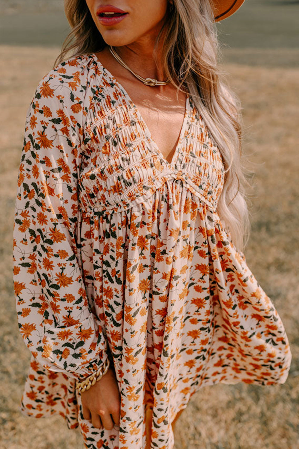 Black Floral Deep V Neck Smocked Bust Bubble Sleeve Babydoll Dress