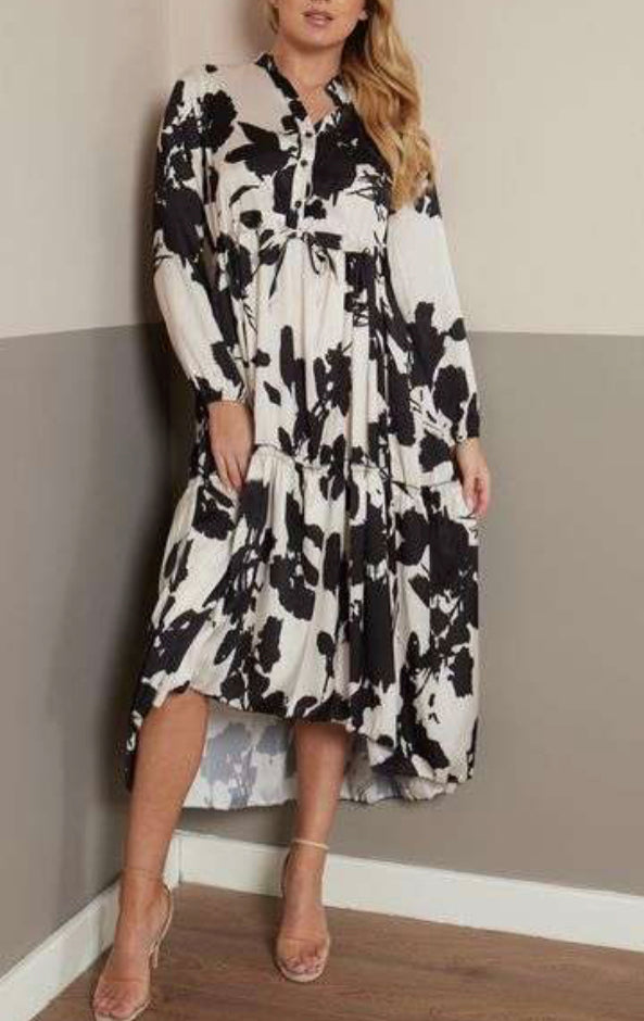 1343 - BLACK FRILL BUTTON DETAIL TIE UP MIDI DRESS