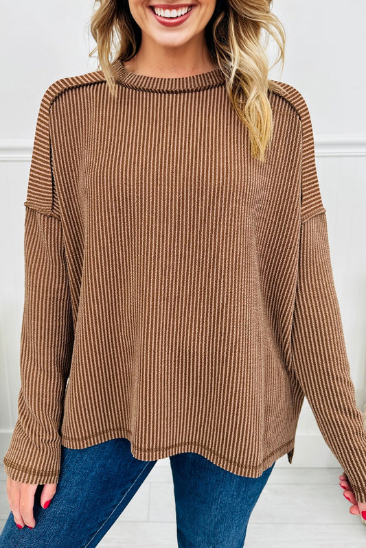 Dark Khaki Twist Ribbed Exposed Seam Detail Long Sleeve Loose Top