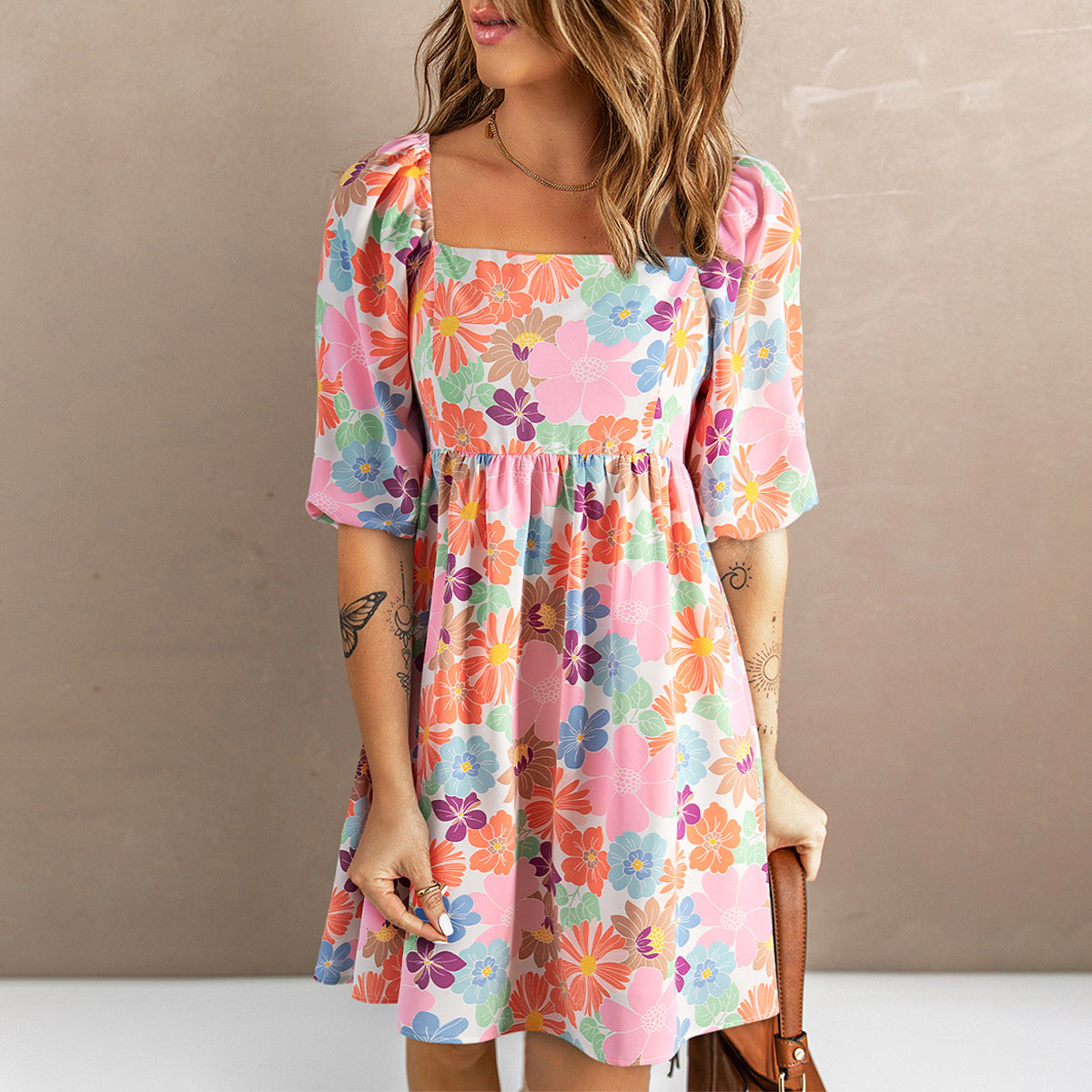 Pink Summer Floral Square Neck Puff Sleeve Babydoll Dress