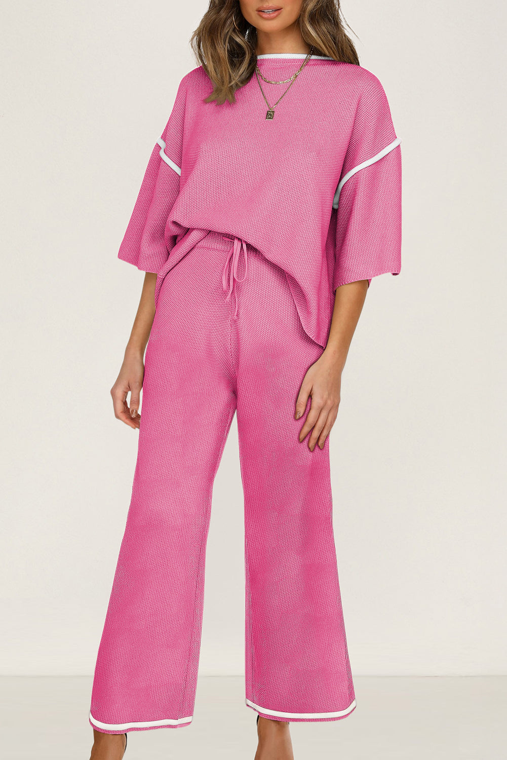 Canton Contrast Trim Half Sleeve Top Drawstring Pants Loose 2pcs Sweater Suit