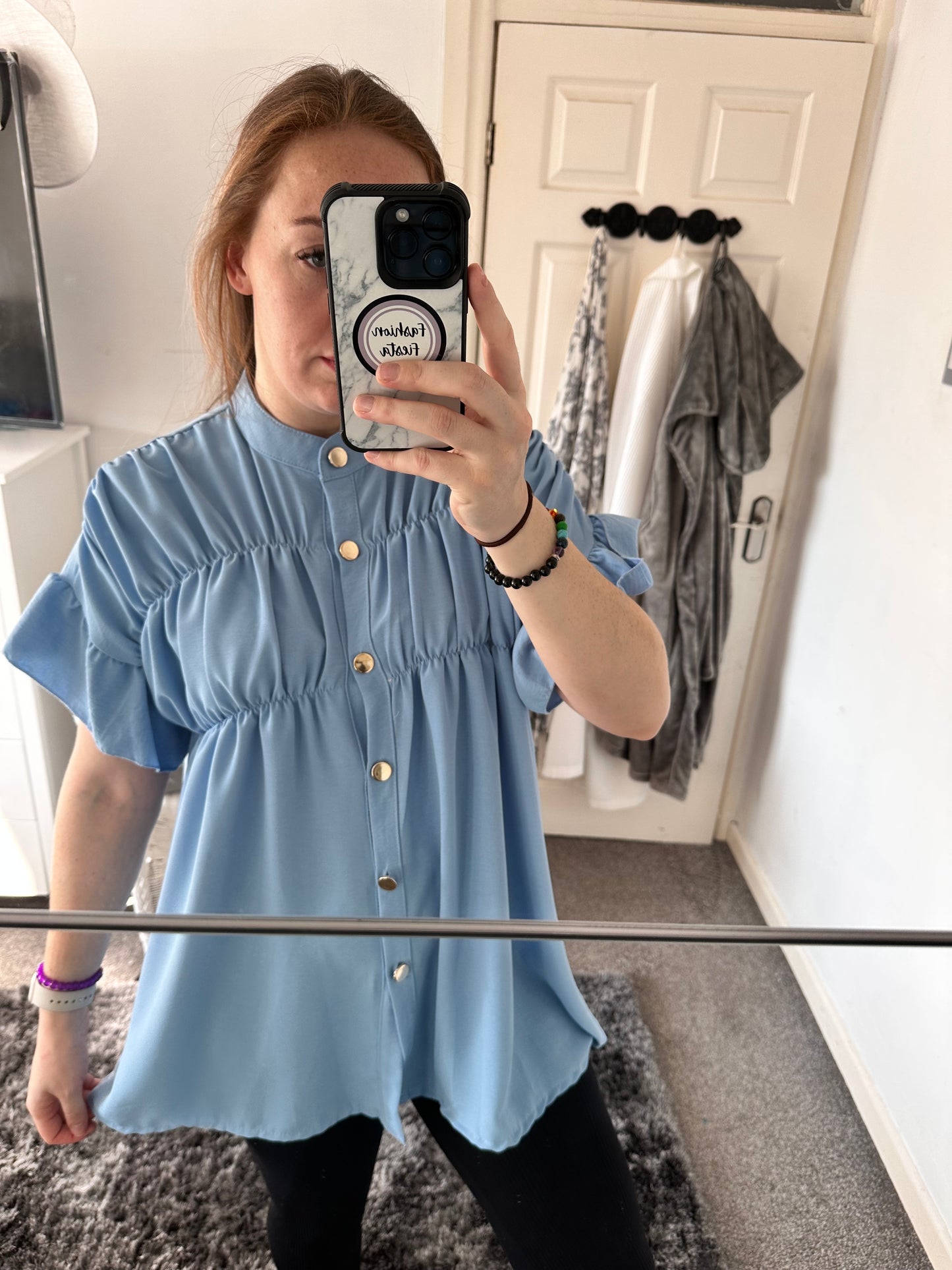 1370 - SHORT SLEEVE GOLD BUTTON RUFFLE TOP (5 COLOURS AVAILABLE)