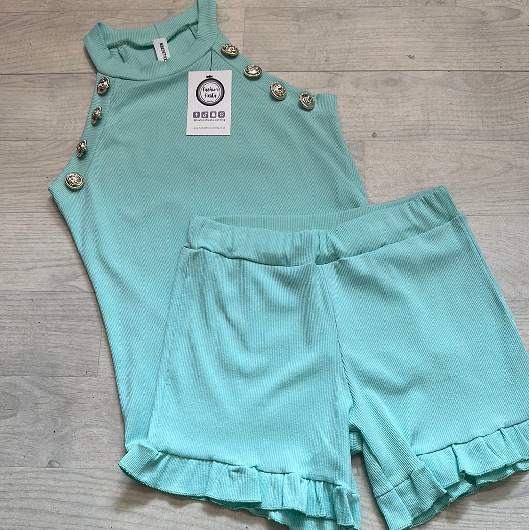 1584 - Button Detail Frill Short Set