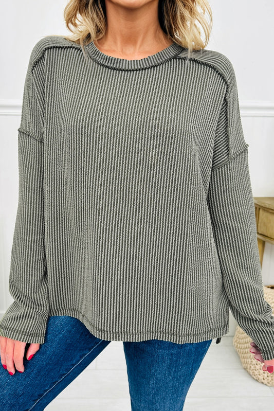 Green Bay Twist Ribbed Exposed Seam Detail Long Sleeve Loose Top