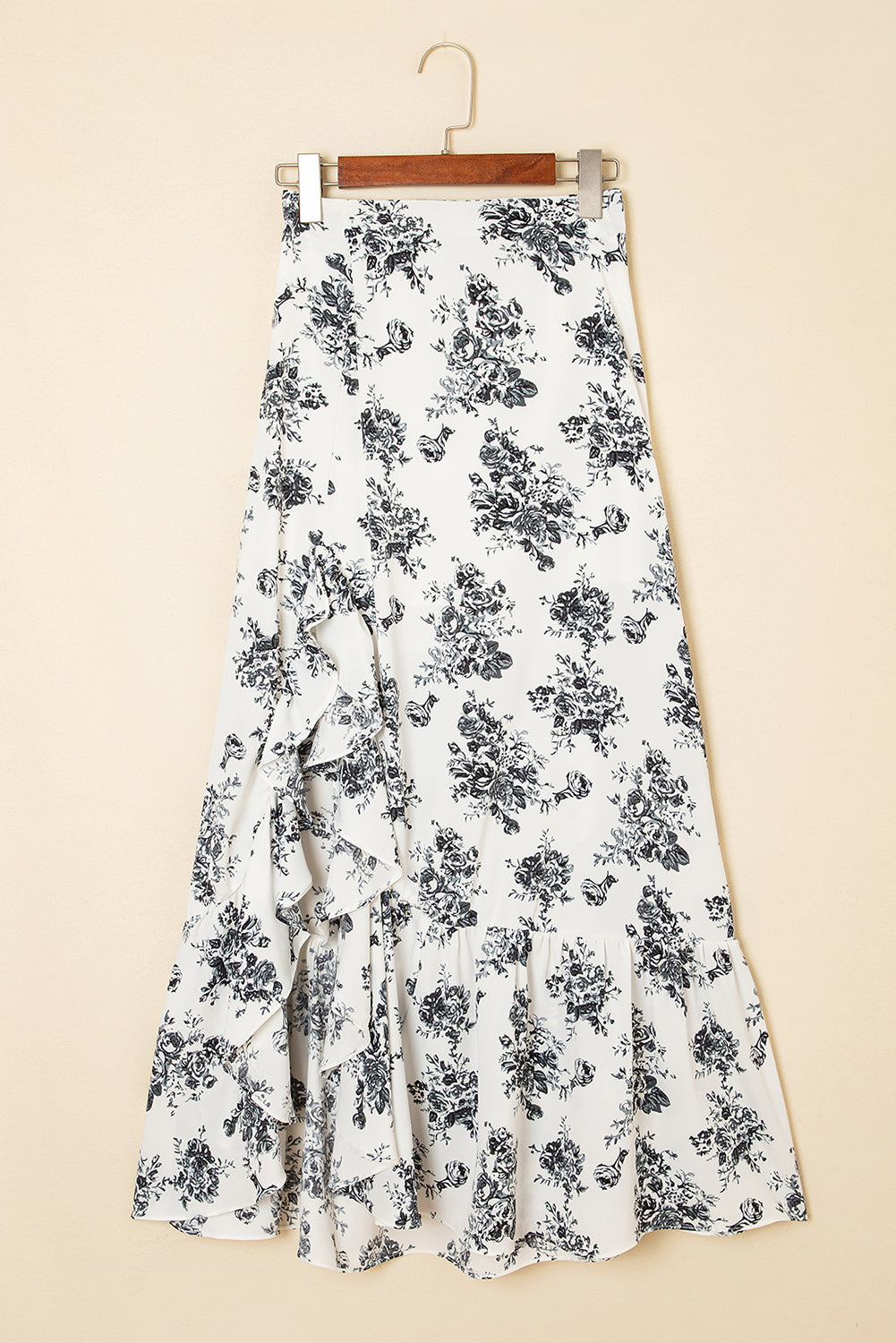 Rose Boho Floral High Waist Ruffle Split Maxi Skirt