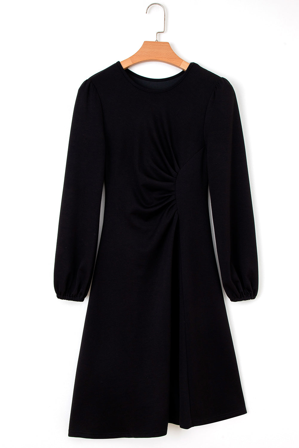 Blackish Green Solid Color Ruched Detail Long Sleeve Midi Dress