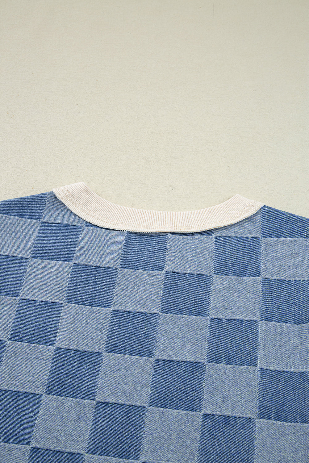 Sky Blue Oversized Checkered Denim Exposed Seam Patchwork Casual Sweatshirt