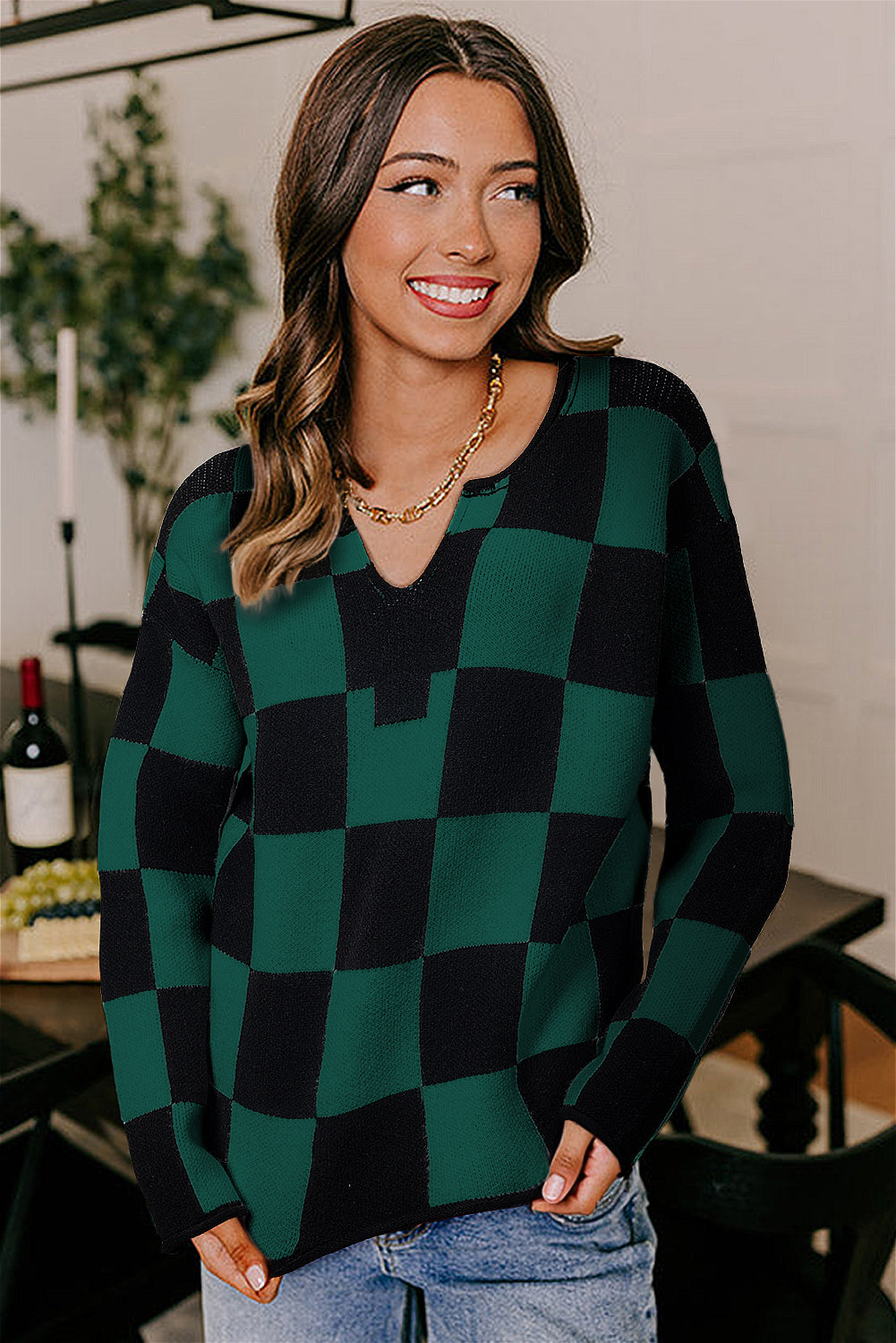 Green Checked Notched Neckline Drop Shoulder Knit Sweater
