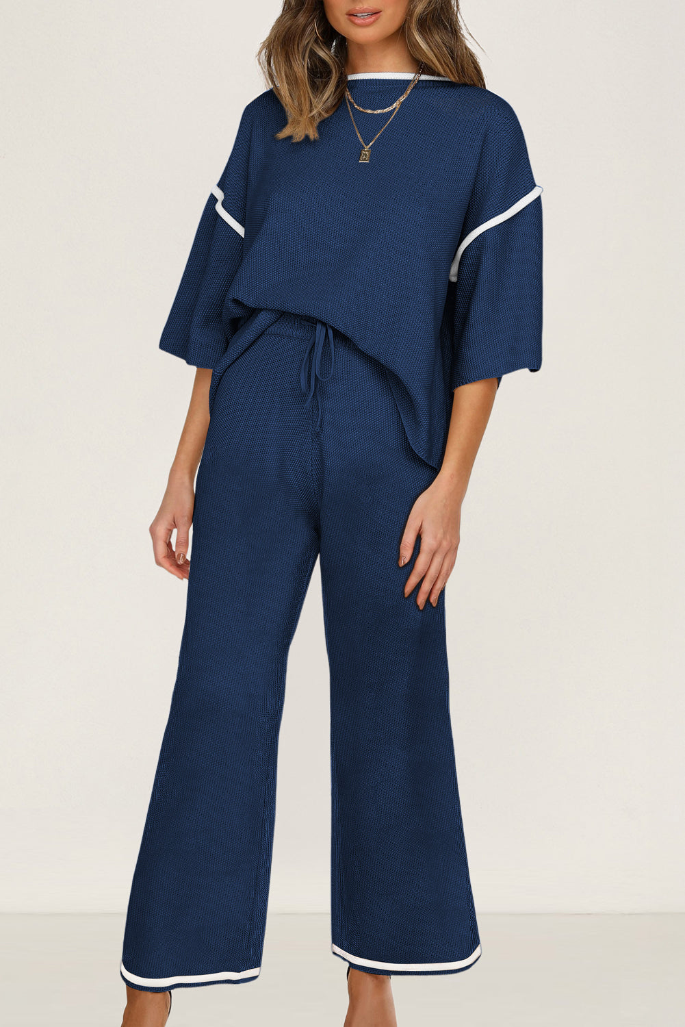 Canton Contrast Trim Half Sleeve Top Drawstring Pants Loose 2pcs Sweater Suit