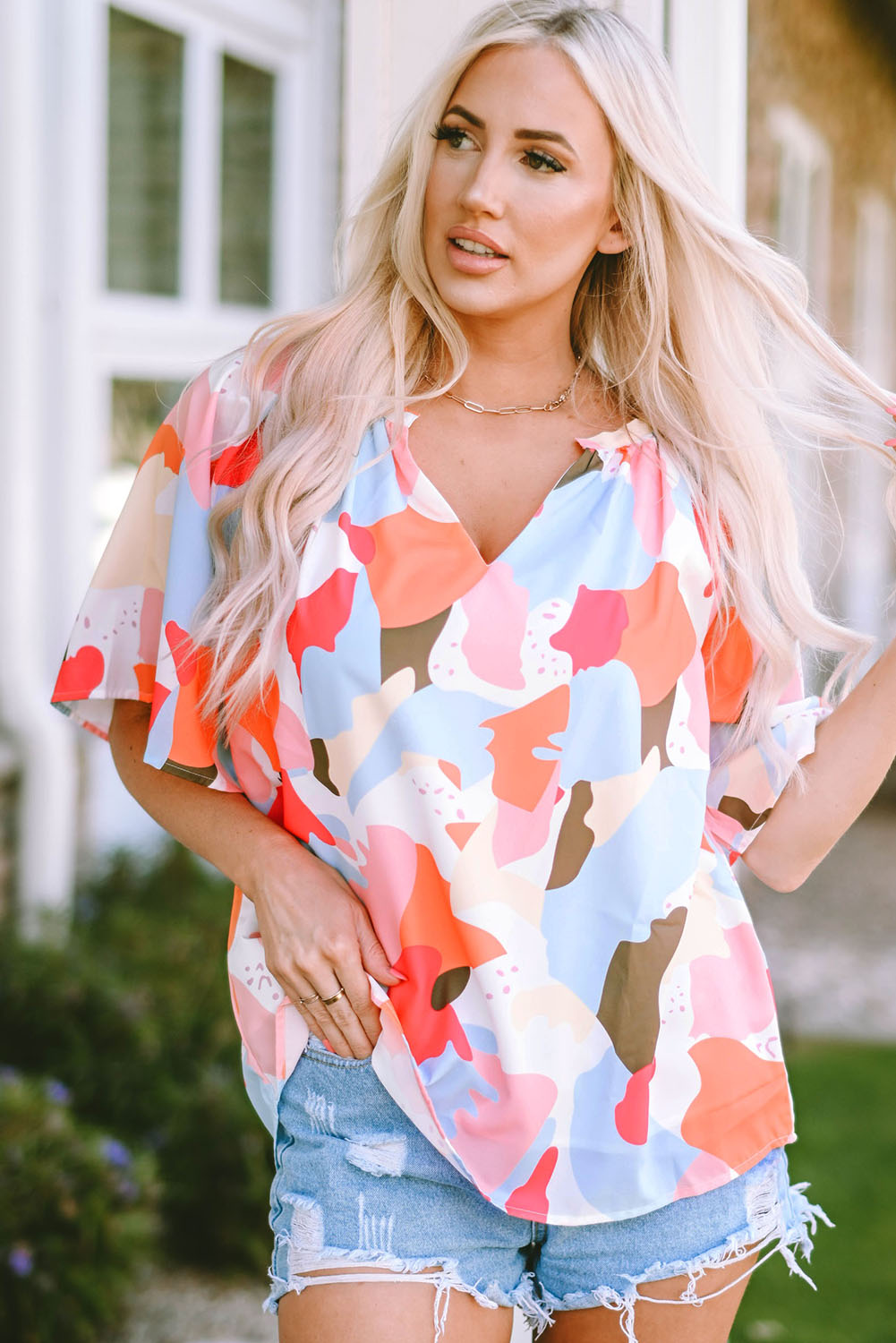 Orange Abstract Print V Neck Half Sleeve Blouse