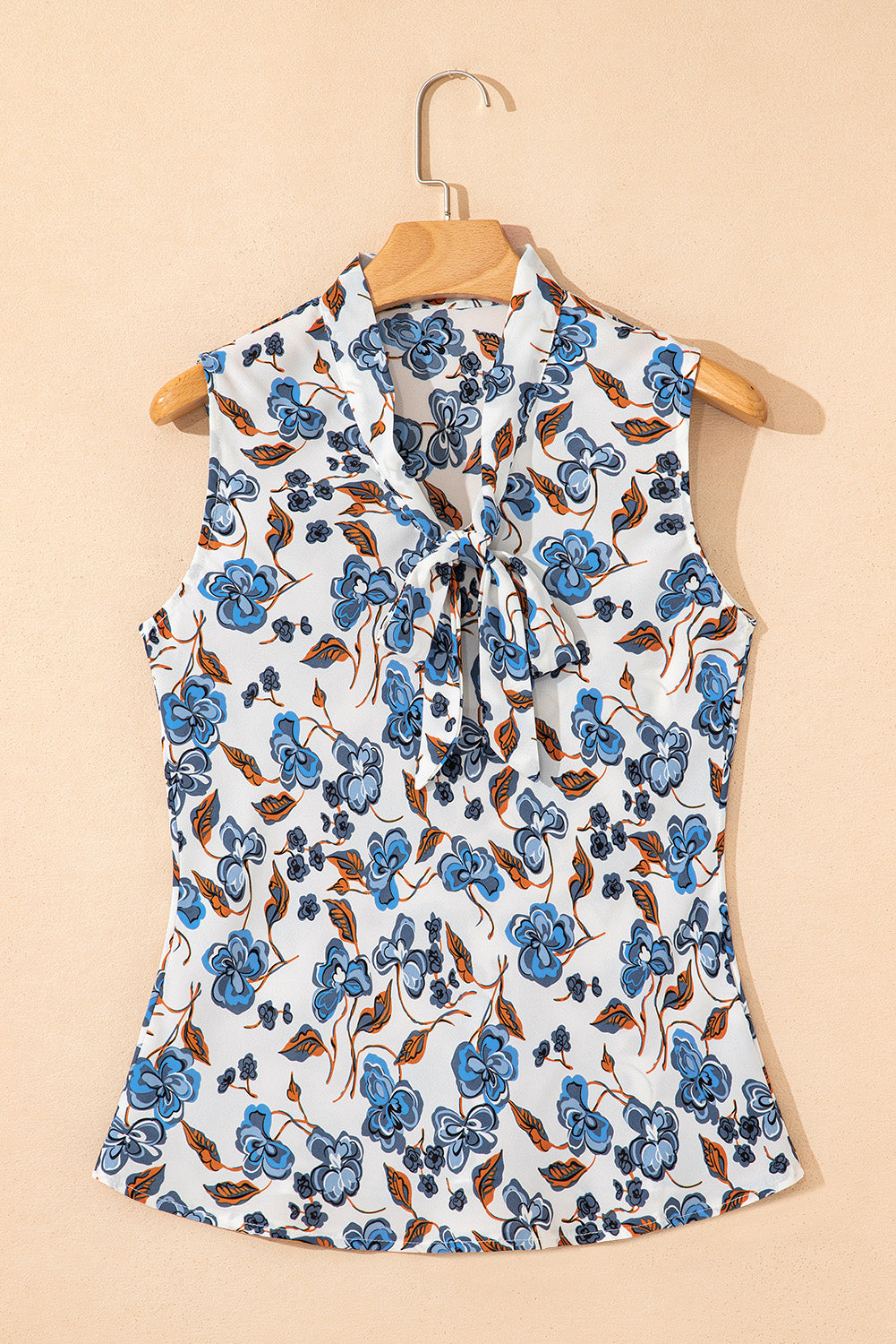 Sky Blue Floral Print Knotted V Neck Elegant Tank Top