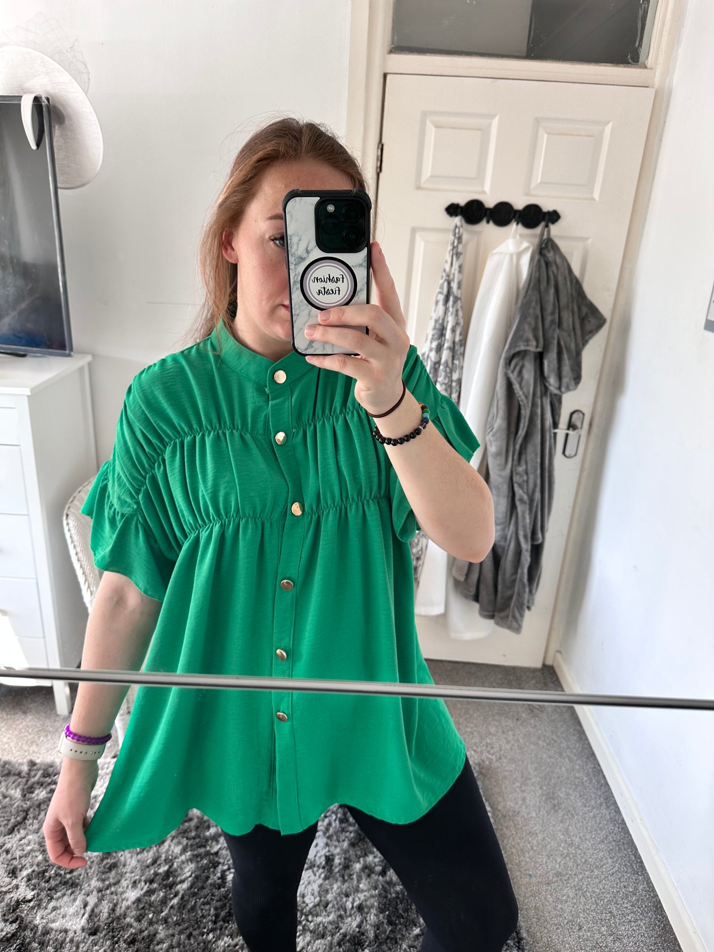 1370 - SHORT SLEEVE GOLD BUTTON RUFFLE TOP (5 COLOURS AVAILABLE)