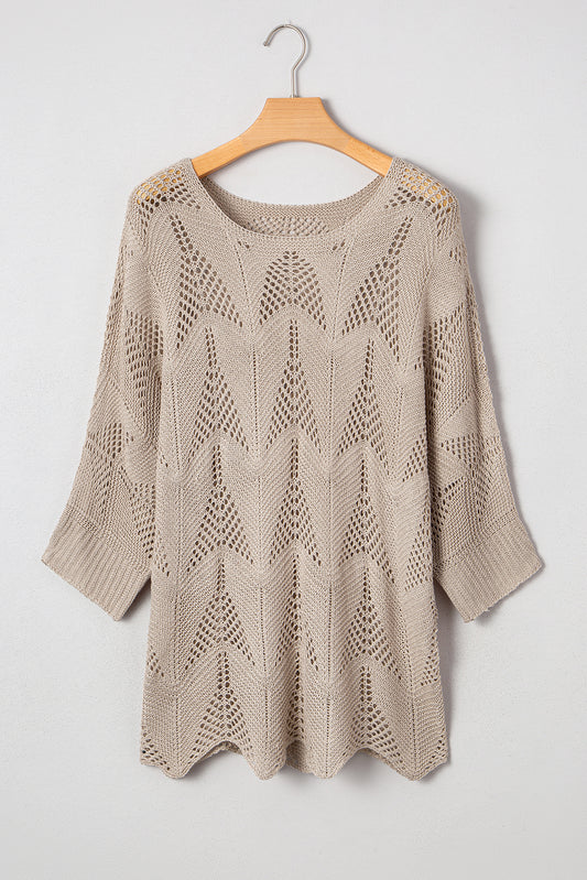 Seagrass Hollow Out Knit 7/8 Sleeve Casual Sweater