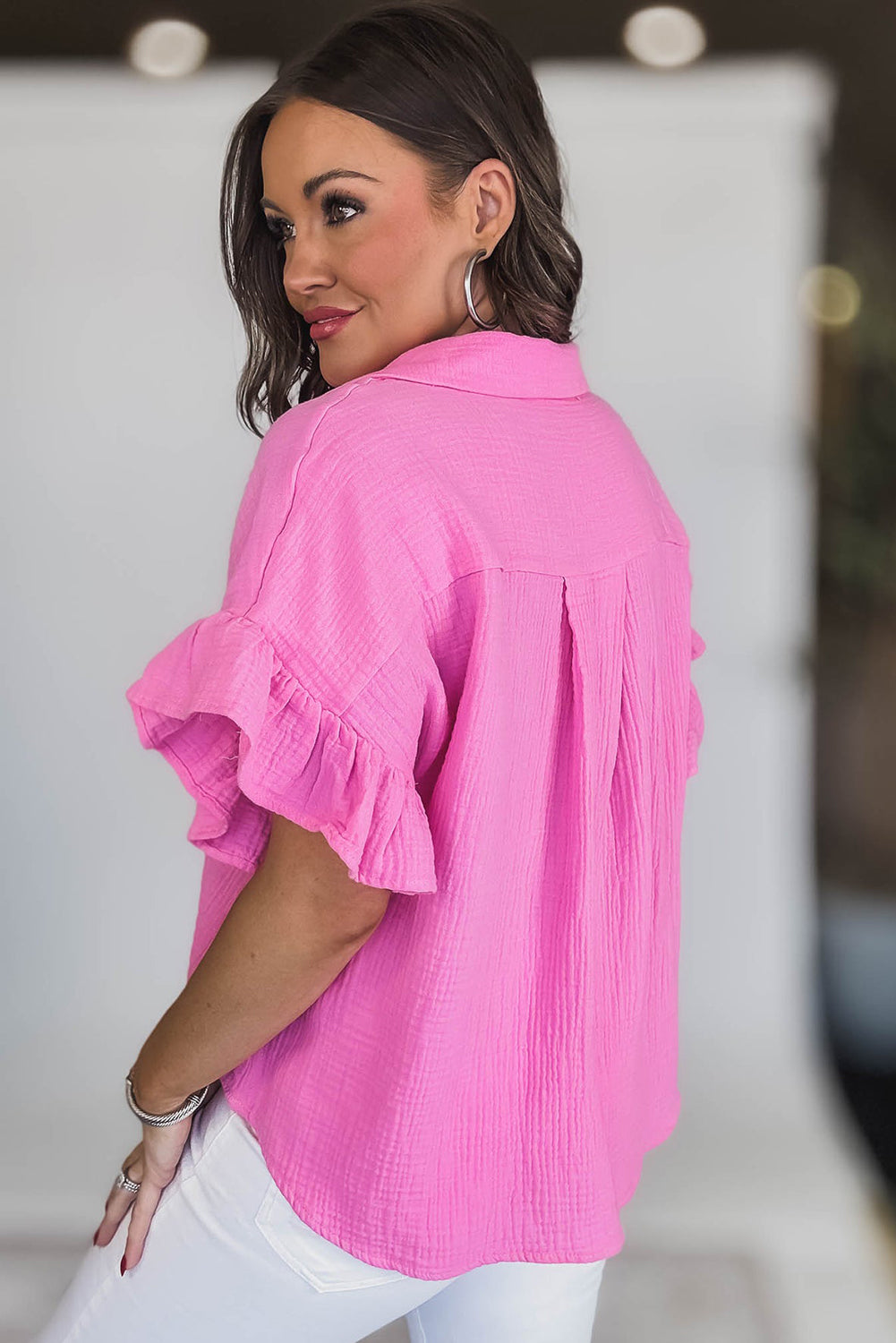 Sachet Pink Textured Ruffled Sleeve Collared V Neck Loose Fit Top