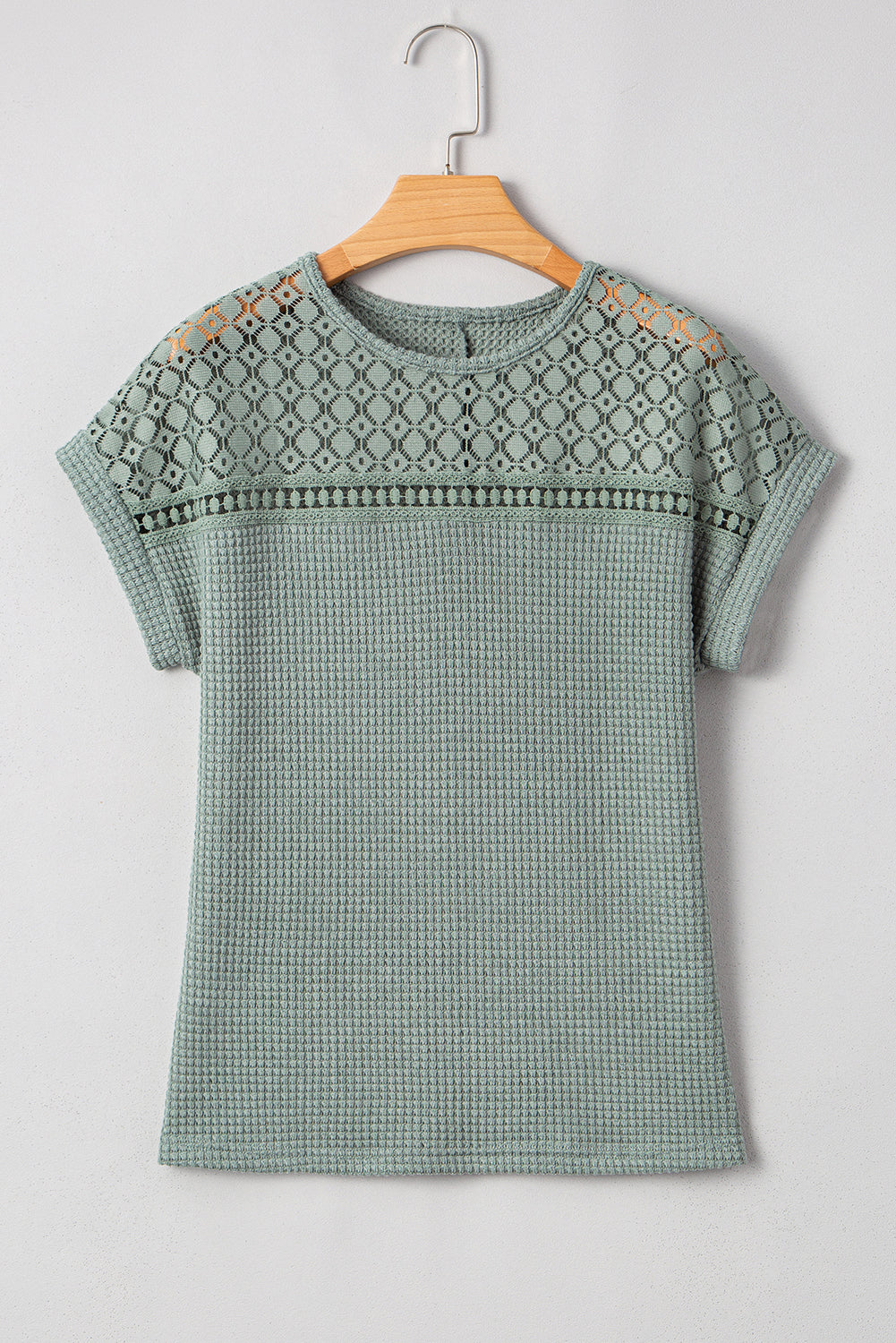 Light Pink Lace Patchwork Waffle Short Sleeve Top