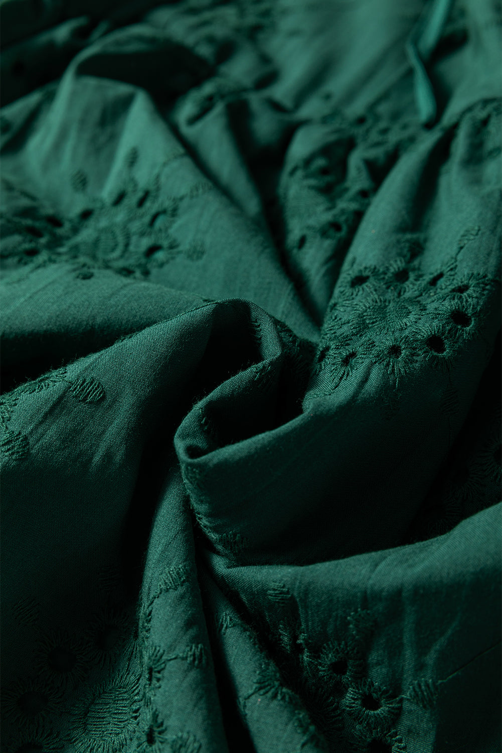 Blackish Green Embroidered Eyelet Pattern 3/4 Puffy Sleeve Swing Mini Dress
