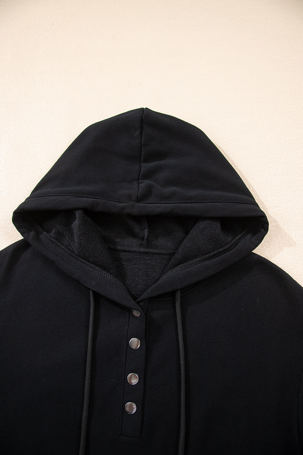 Black Button Drawstring Hooded Pullover and Casual Short Set