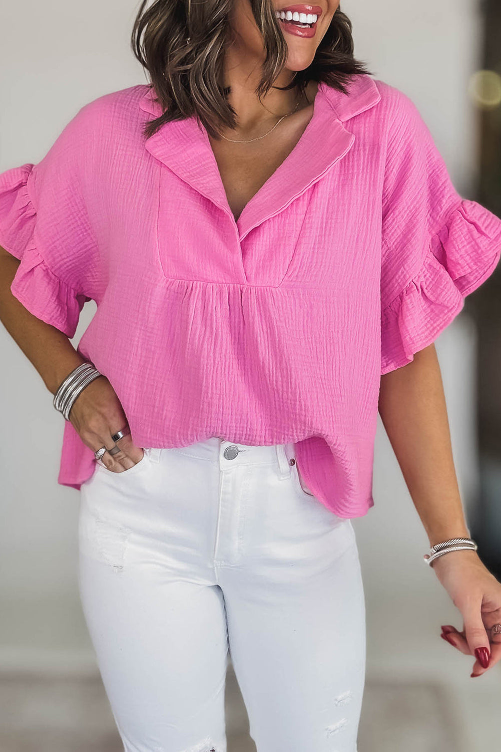 Sachet Pink Textured Ruffled Sleeve Collared V Neck Loose Fit Top