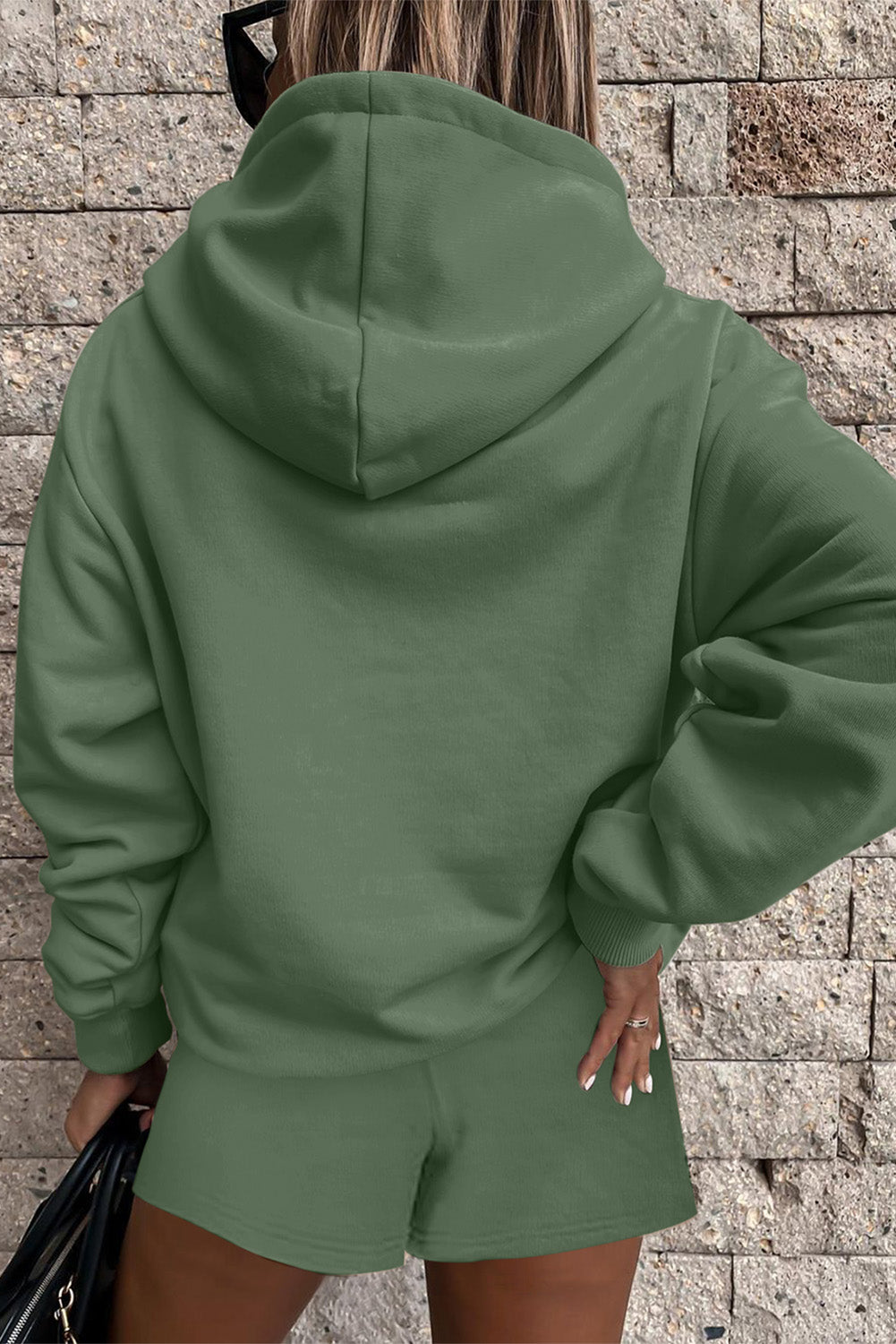 Black Button Drawstring Hooded Pullover and Casual Short Set