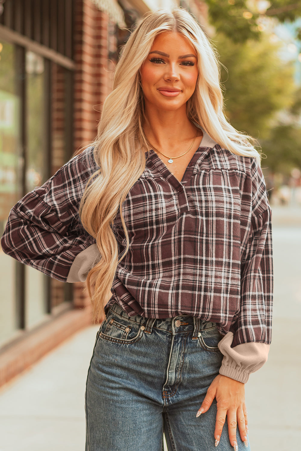 Brown Plaid Patchwork Long Sleeve Button Hooded Blouse