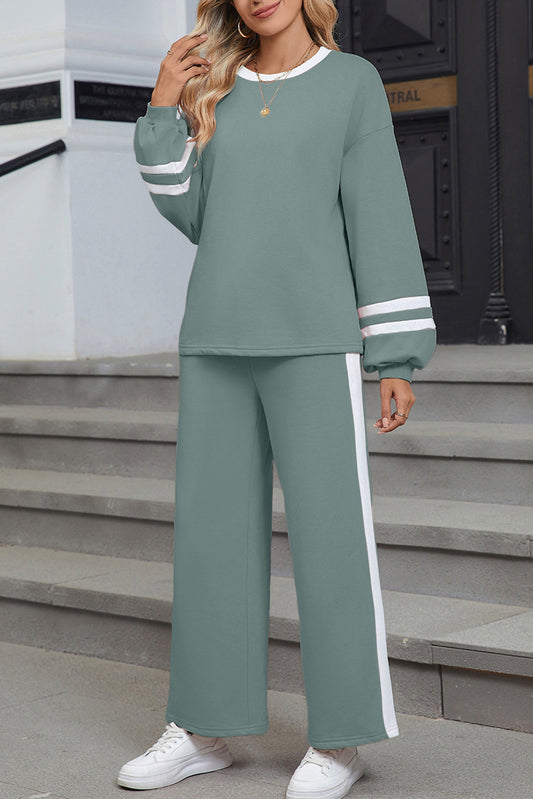 Blue Varsity Stripe Patchwork Puff Sleeve Pullover Drawstring Wide Leg Pant Set