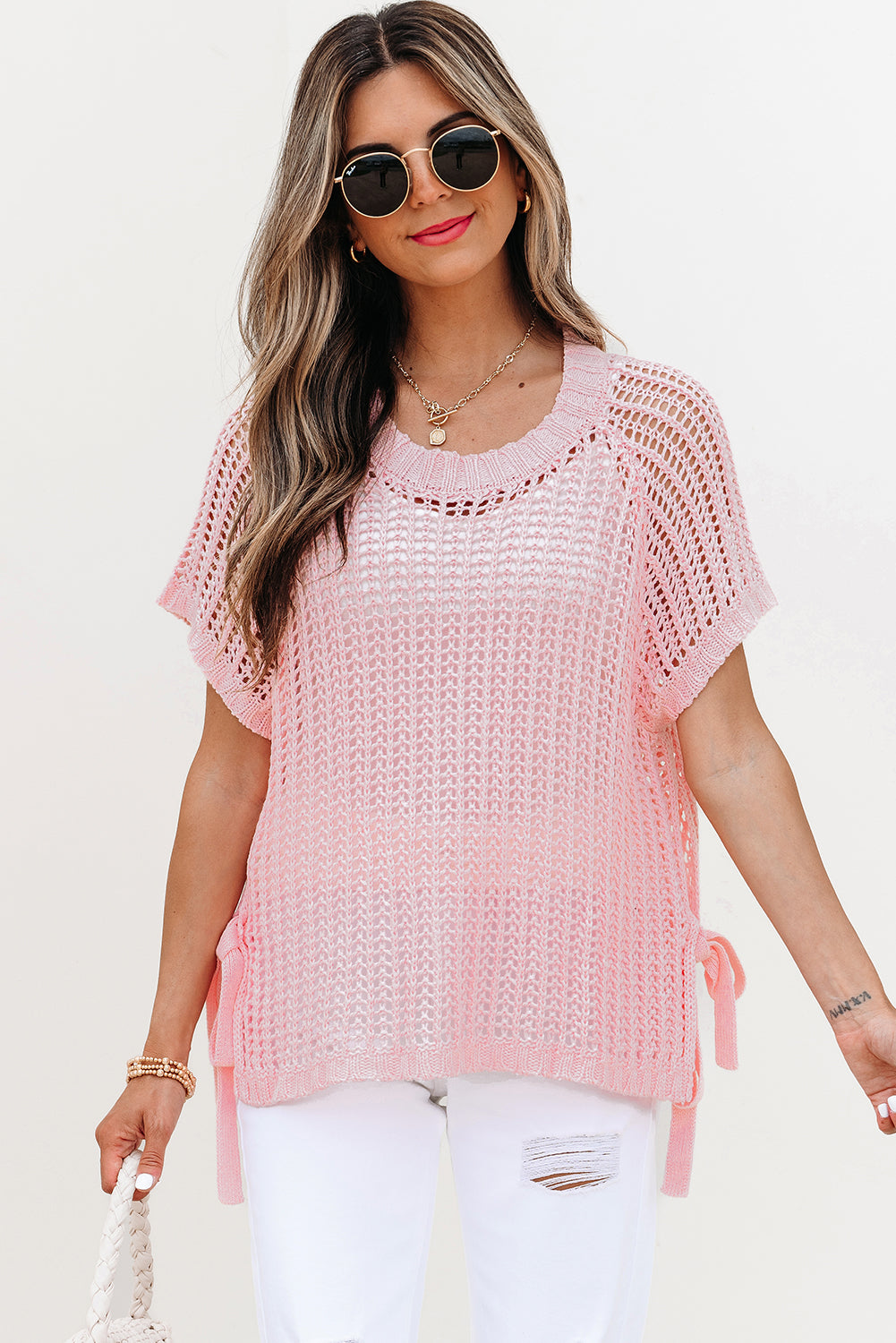 Yellow Cream Hollow-out Crochet Side Tied Short Sleeve Sweater
