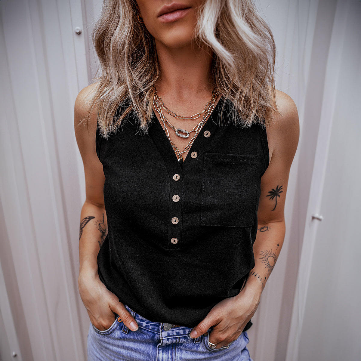 Black Half Button V Neck Patched Pocket Tank Top