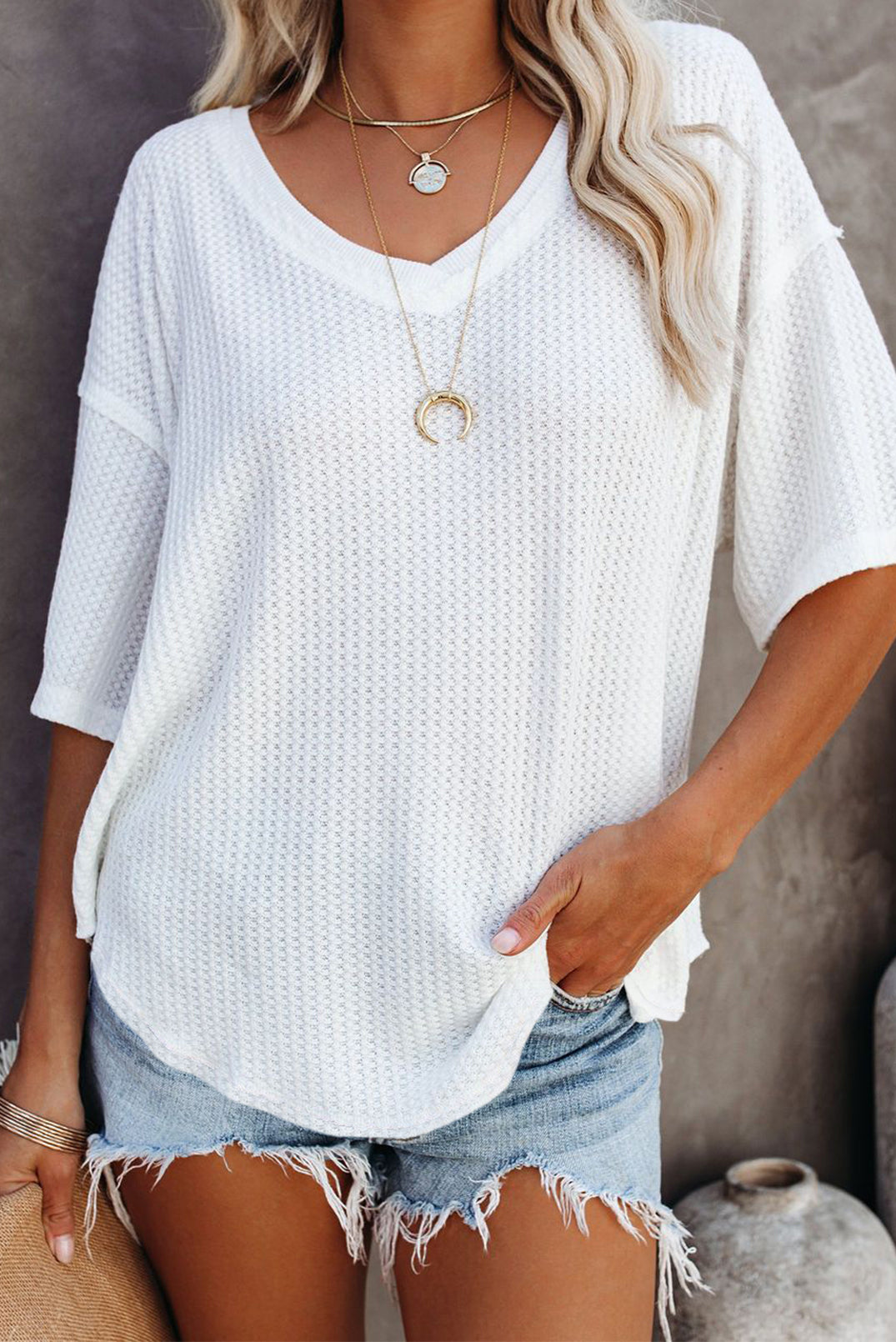 Purple Exposed Seam Half Sleeve Knitted V Neck Textured Top