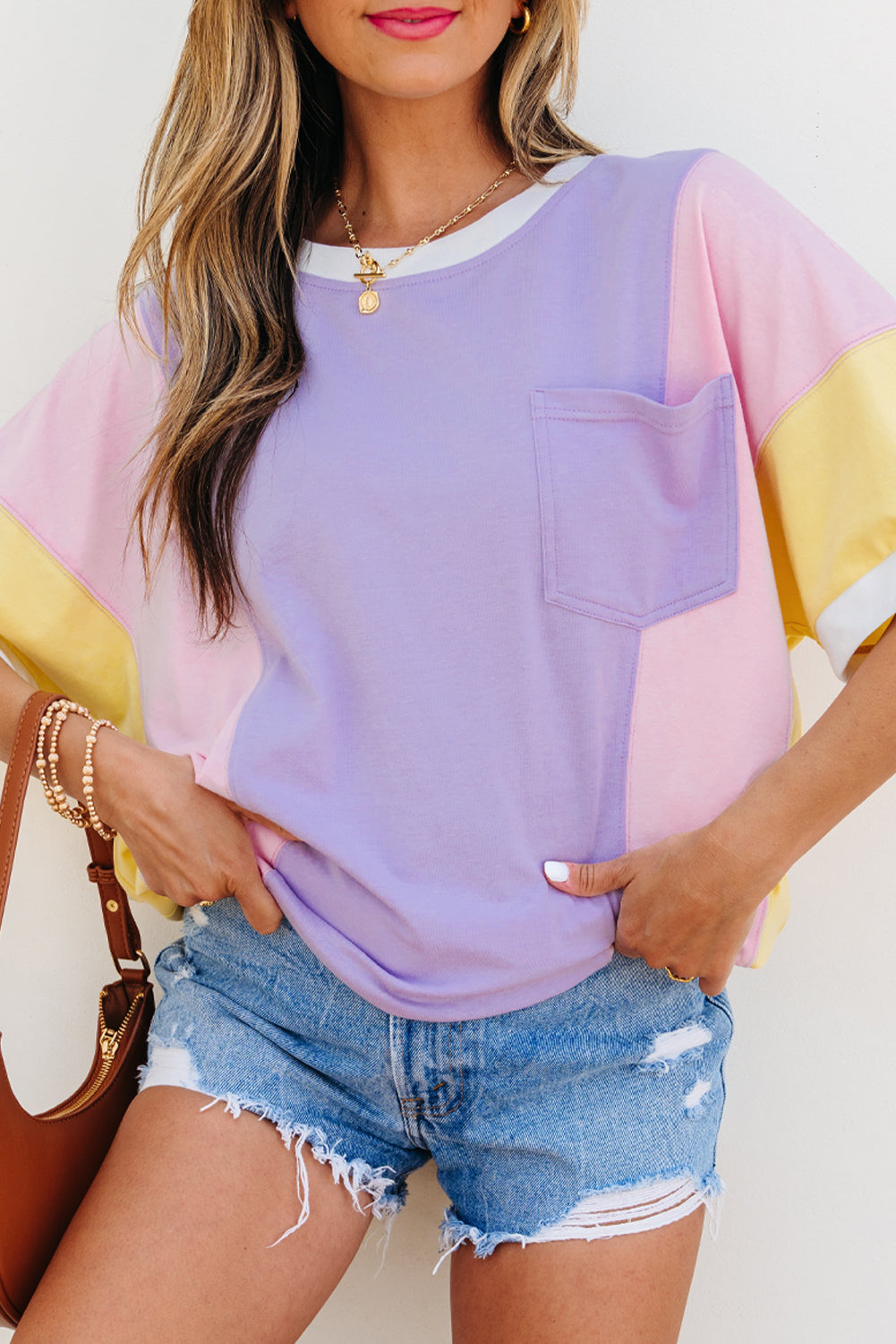 White Color Block Patchwork Half Sleeve Oversized T Shirt