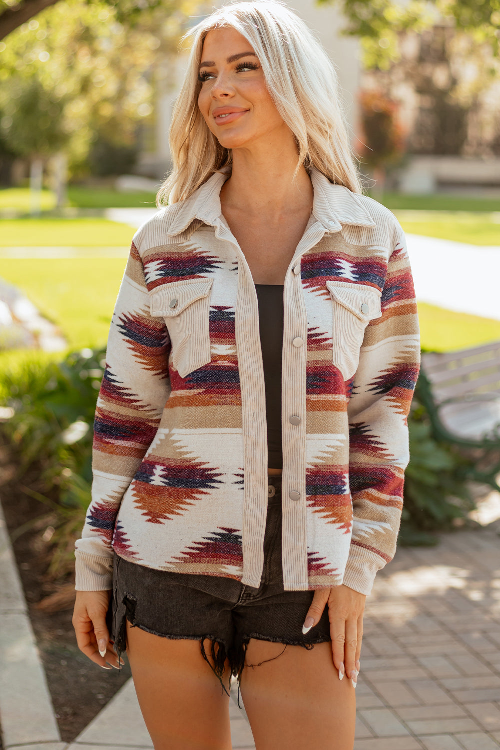 Multicolour Western Aztec Striped Patchwork Double Flap Pocket Raw Hem Shacket