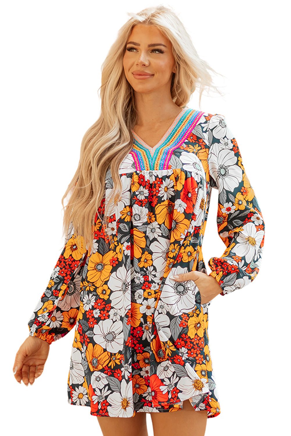Orange Floral Print Striped Lace V Neck Long Sleeve Mini Dress