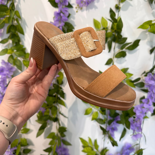 S1014 - Chunky Thick Double Strap Heel (Tan)