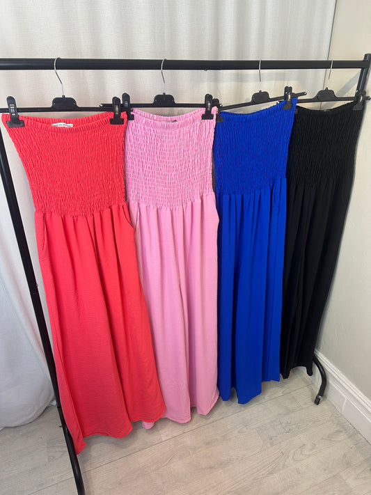 Strapless Shirred Wide-Leg Jumpsuit