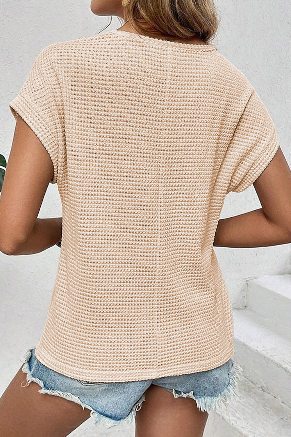 Light Pink Lace Patchwork Waffle Short Sleeve Top