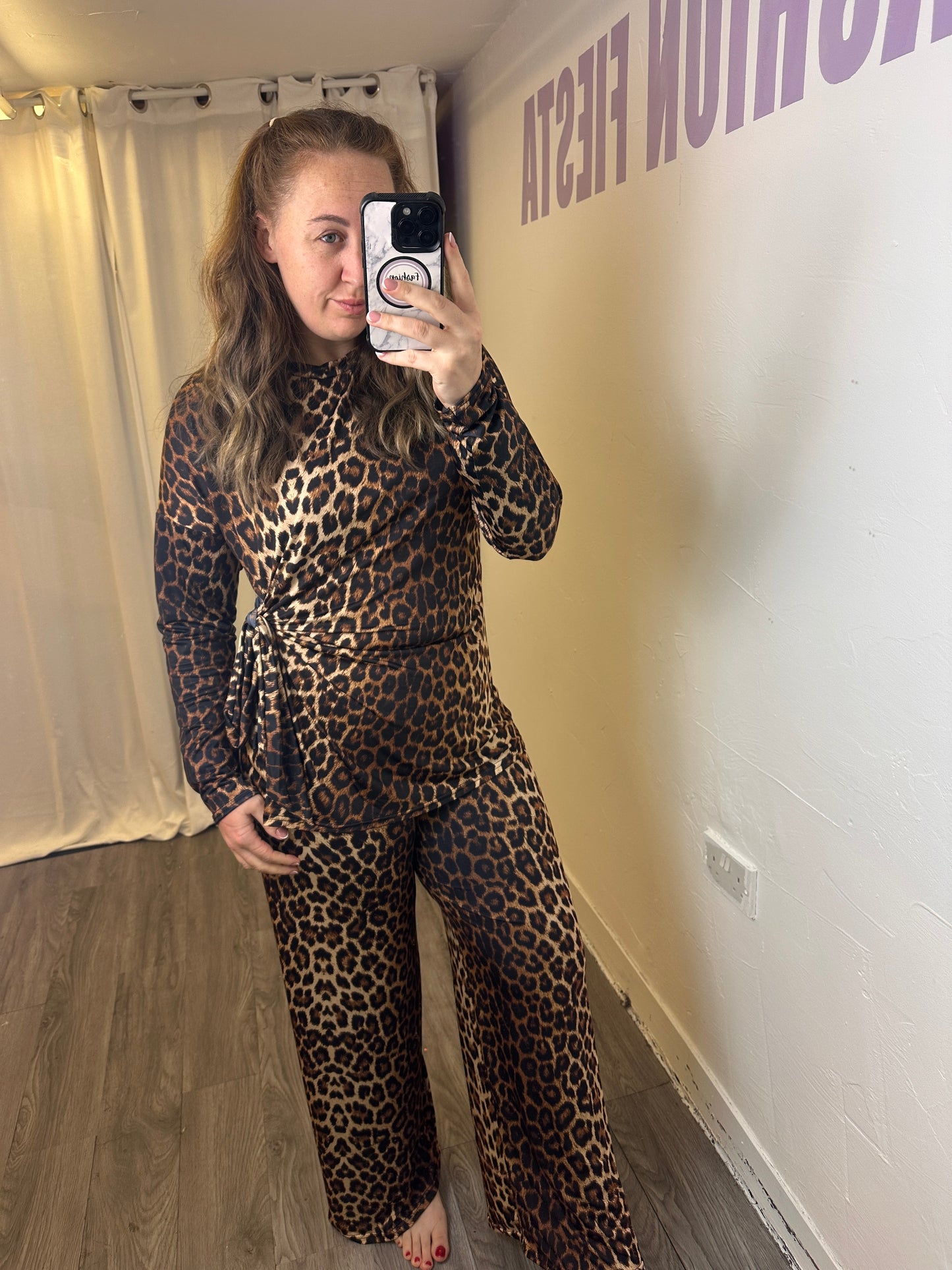 1984 - Leopard Print Long Sleeve Wide Leg Tie Detail Lounge Wear Set