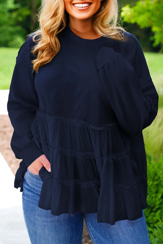 Navy Blue Tiered Ruffle Ribbed Crew Neck Pullover Plus Size Top