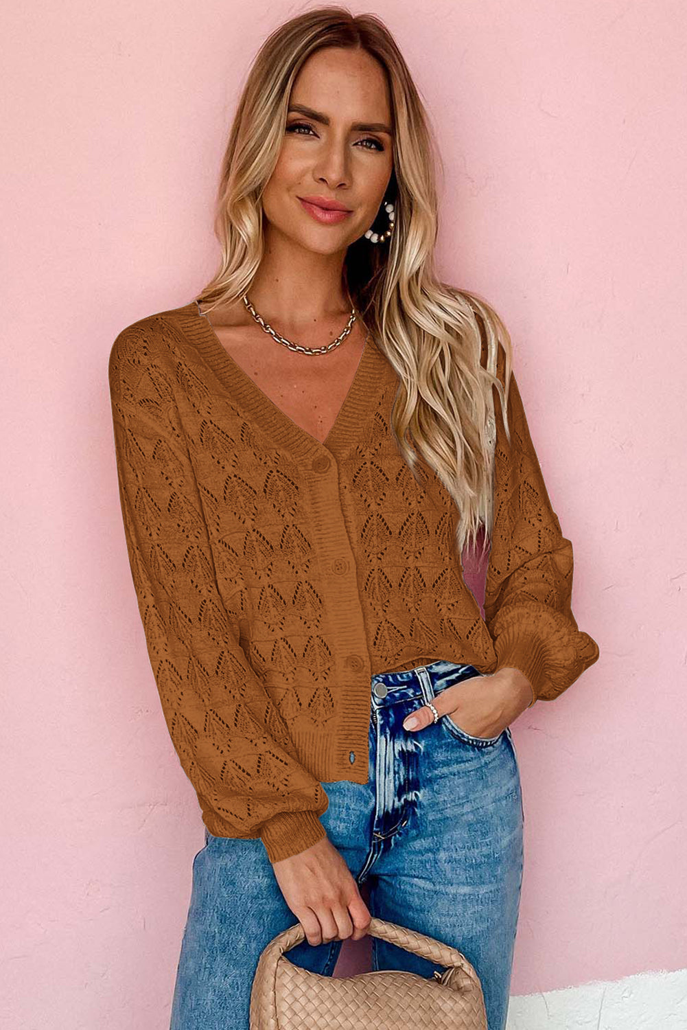 Rose Lightweight Buttoned Front Crochet Cardigan